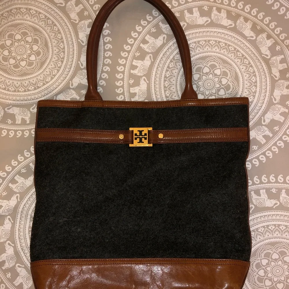 Tory Burch Brown Leather & Charcoal Felt Tote
